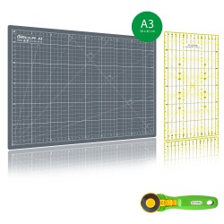 Kit de couture Tapis de découpe GRIS A3 (30x45cm), cutter rotatif 45mm et règle patchwork 15x30cm