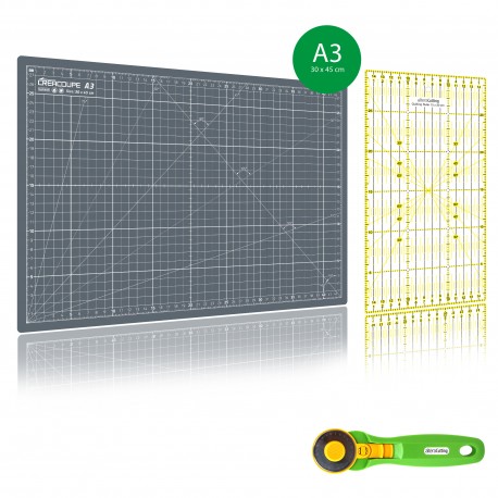 Kit de couture Tapis de découpe GRIS A3 (30x45cm), cutter rotatif 45mm et règle patchwork 15x30cm
