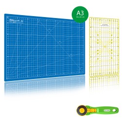 Kit de couture Tapis de découpe BLEU A3 (30x45cm), cutter rotatif 45mm et règle patchwork 15x30cm