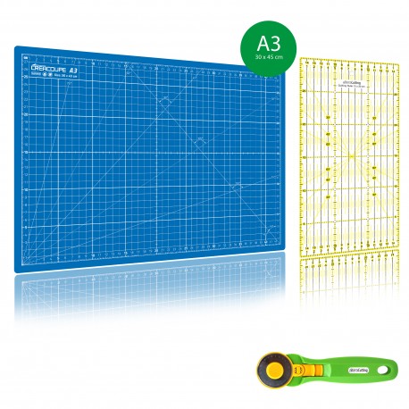 Kit de couture Tapis de découpe BLEU A3 (30x45cm), cutter rotatif 45mm et règle patchwork 15x30cm