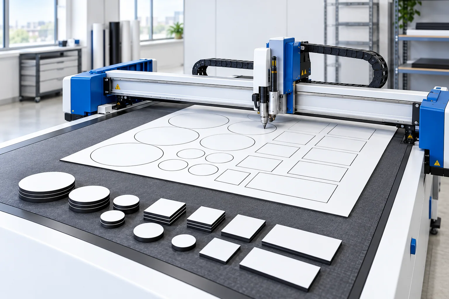 Illustration d’une table de découpe à plat : la tête de coupe suit les formats sur la feuille magnétique